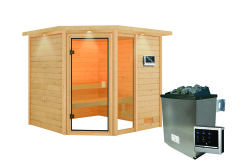 38mm Massivholzsauna TABEA (Eckeinstieg) / inkl. Dachkranz / Ofen 9 KW externe Strg easy