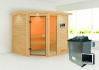 38mm Massivholzsauna TABEA (Eckeinstieg) / inkl. Dachkranz / Ofen 9 KW externe Strg easy