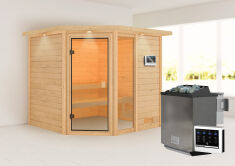 38mm Massivholzsauna TABEA (Eckeinstieg) / inkl. Dachkranz / Ofen 9 kW Bio externe Strg easy