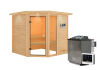 38mm Massivholzsauna TABEA (Eckeinstieg) / inkl. Dachkranz / Ofen 9 kW Bio externe Strg easy