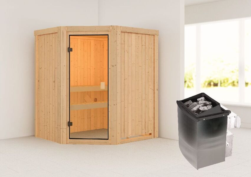 Sauna FAURIN (Eckeinstieg)  / kein Dachkranz / inkl. Ofen 9 kW integr. Strg