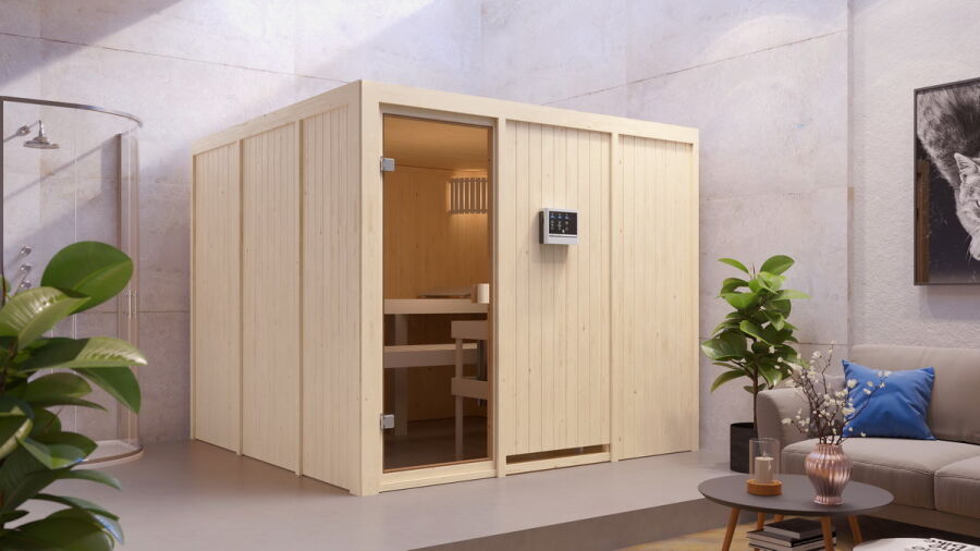 Sauna ARVIKA  (Fronteinstieg) / kein Dachkranz / Ofen 9 KW externe Strg easy