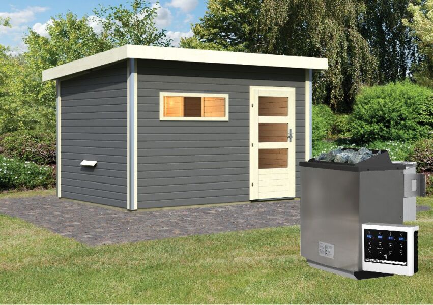 38 mm Saunahaus SKROLLAN 3 terragrau / Ofen 9 kW Bio externe Strg easy