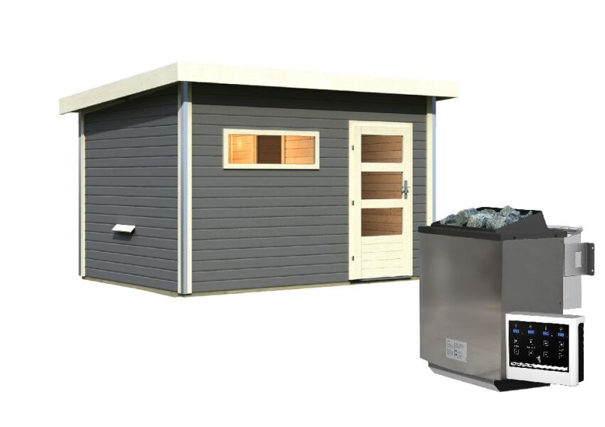 38 mm Saunahaus SKROLLAN 3 terragrau / Ofen 9 kW Bio externe Strg easy