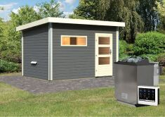 38 mm Saunahaus SKROLLAN 3 terragrau / Ofen 9 kW Bio externe Strg easy