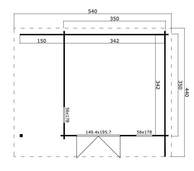 Gartenhaus FLORIAN; 540x440 cm ISO (L); 40 mm Doppelnut; inkl. Boden und Terrasse