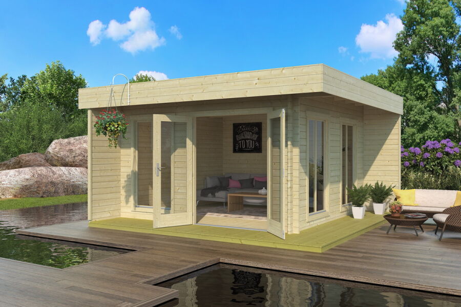 Gartenhaus SOPHIA; 480x470 cm ISO (L); 40 mm Doppelnut; inkl. Boden und Terrasse