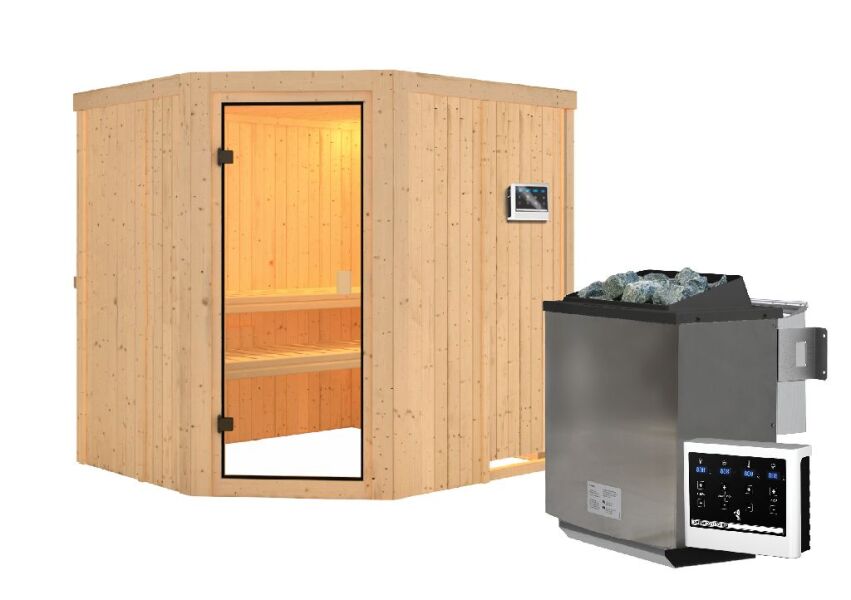 Sauna BODO (Eckeinstieg)  / kein Dachkranz / Ofen 9 kW Bio externe Strg easy