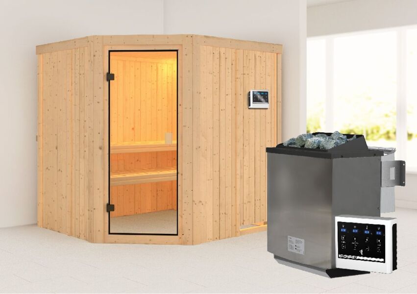 Sauna BODO (Eckeinstieg)  / kein Dachkranz / Ofen 9 kW Bio externe Strg easy