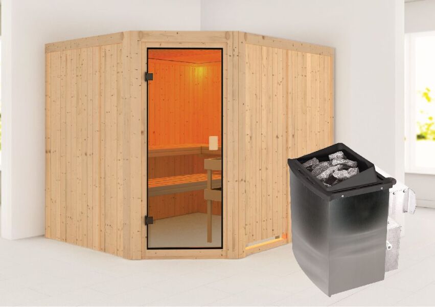 Sauna HORNA (Eckeinstieg)  / kein Dachkranz / inkl. Ofen 9 kW integr. Strg
