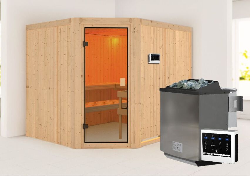 Sauna HORNA (Eckeinstieg)  / kein Dachkranz / Ofen 9 kW Bio externe Strg easy