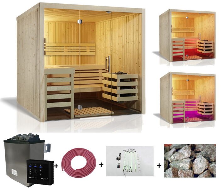 Topgarden Premium Sauna PANORAMA 210; 210 x 210 cm; inkl. Unterbankbeleuchtung und 9KW Ofen ext. Strg. SPARSET