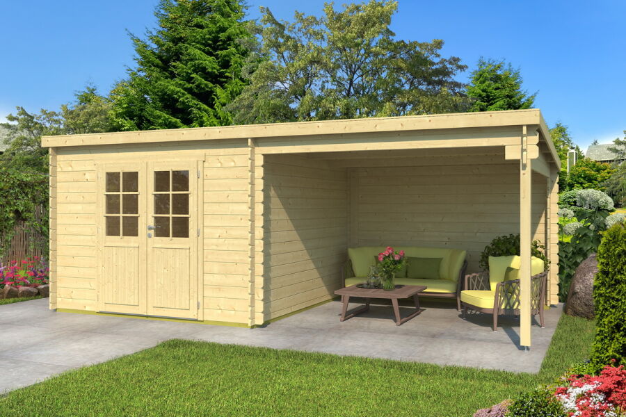Gartenhaus ORLANDO 3; Sockelmass 312x601 cm (A); 28mm Blockbohlen; 300 cm Schleppdach, mit Rückwand + Boden im Haus