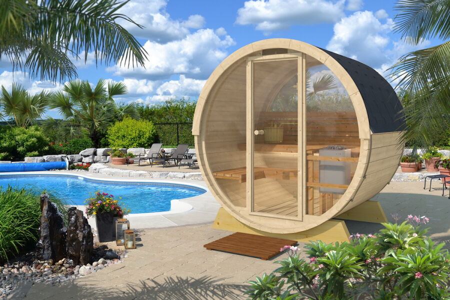 Saunafass Terrassensauna 204 x 160 cm Rückwand halb verglast und Front verglast inkl. Dachschindeln schwarz, Bausatz, Fichte natur