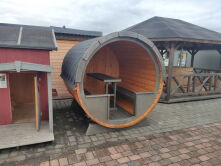 Picknickfass Gastrofass Marktstand Grillfass Campingfass Modell 205 x 240 cm inkl. Dachschindeln schwarz, Bausatz