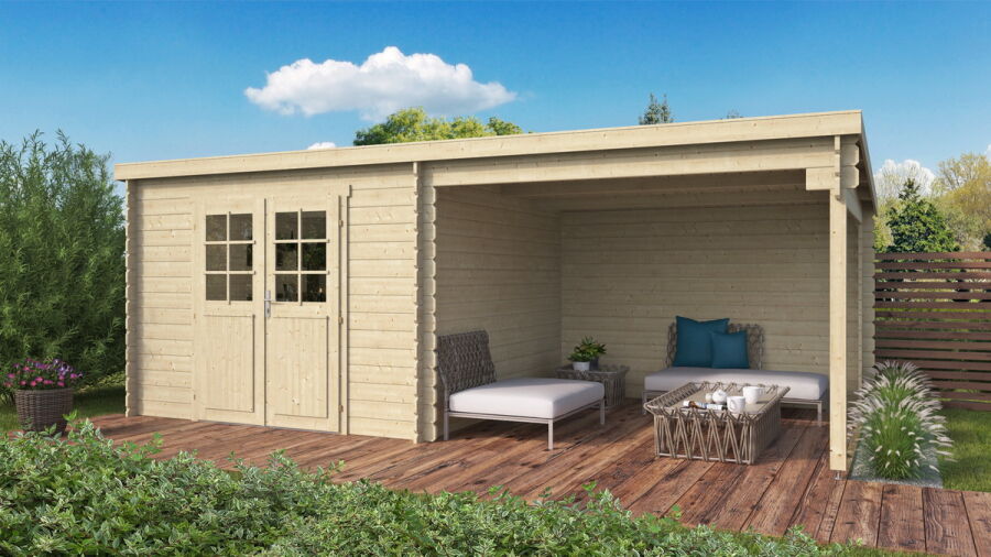 Gartenhaus ORLANDO 1; Sockelmass 312x601 cm (A); 28mm Blockbohlen; 300 cm Schleppdach, mit Rückwand, ohne Boden