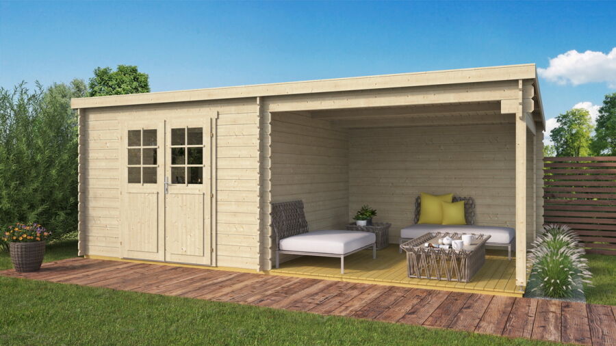 Gartenhaus ORLANDO 292x601 cm, 28mm Blockbohlen; 300 cm Schleppdach; verschiedene Varianten