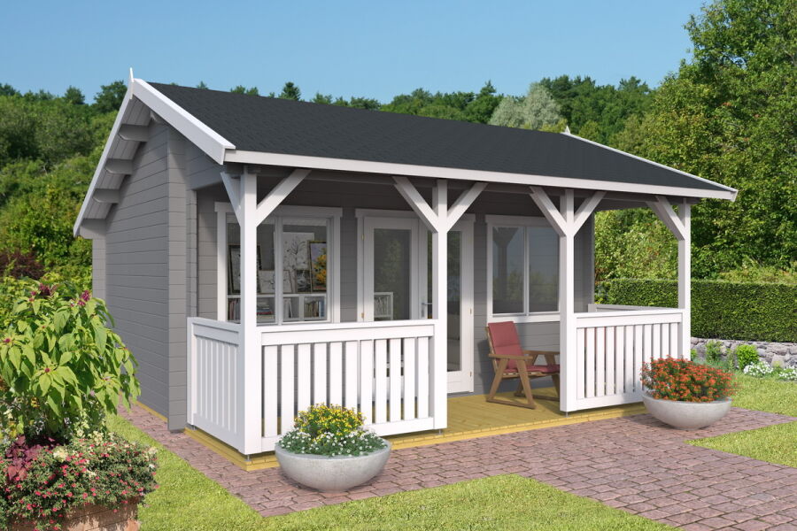 Gartenhaus CAROLINE (E) 500x350 cm + 150 cm Terrasse; 50mm Doppelnut; ISO-Glas; ohne Boden