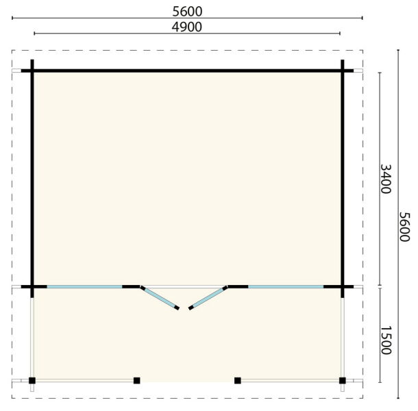 Gartenhaus CAROLINE (E) 500x350 cm + 150 cm Terrasse; 50mm Doppelnut; ISO-Glas; ohne Boden