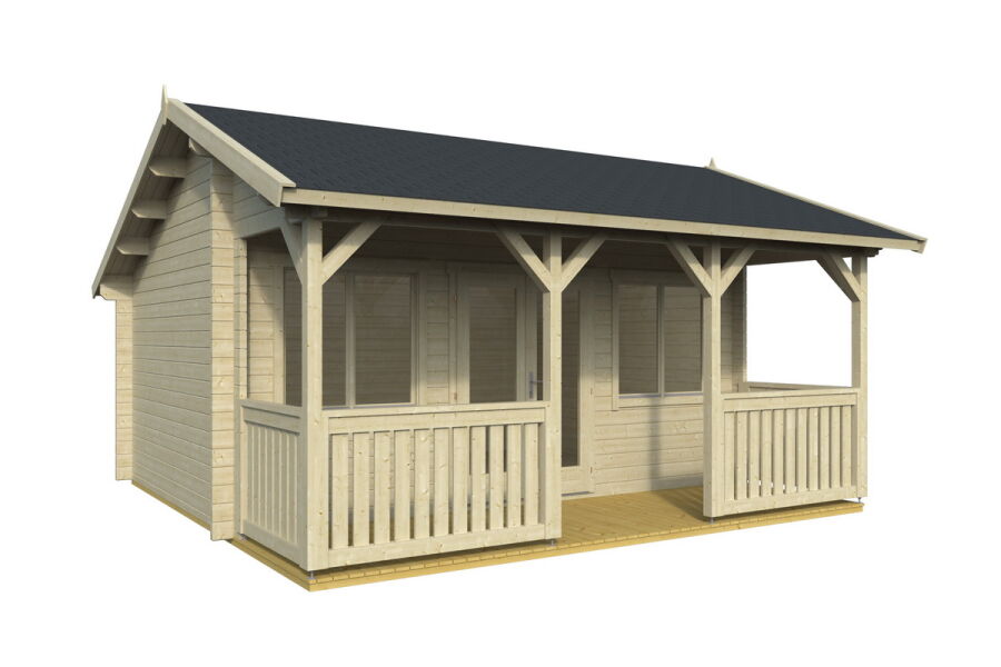 Gartenhaus CAROLINE (E) 500x350 cm + 150 cm Terrasse; 50mm Doppelnut; ISO-Glas; ohne Boden