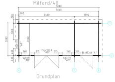 Gartenhaus MILFORD 508x208 cm; 40mm Doppelnut; ISO-Glas; 2-Raum-Haus; ohne Boden; naturbelassen
