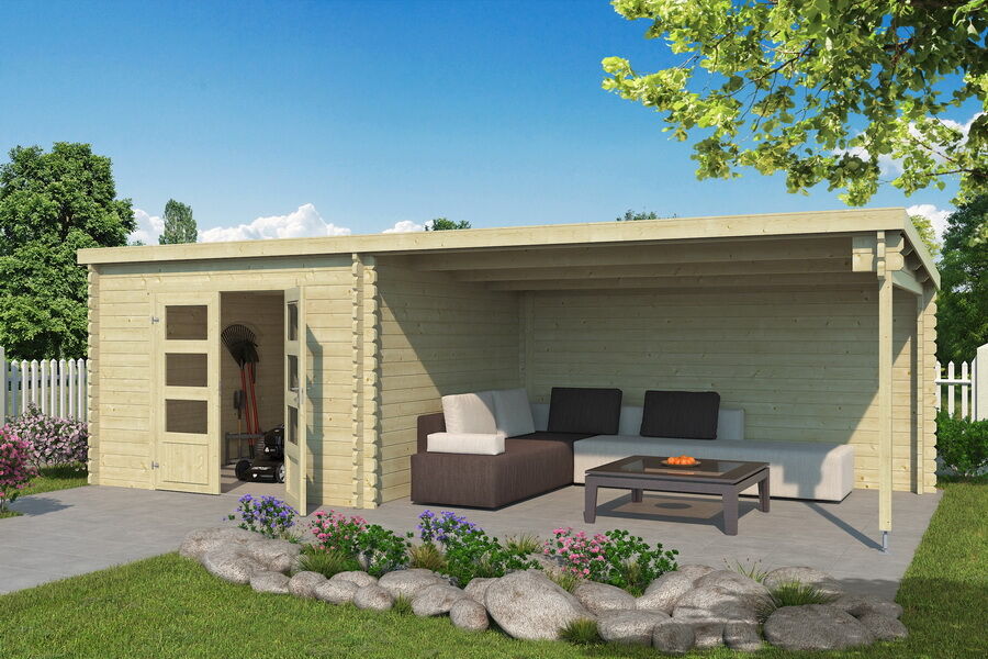 Gartenhaus PHOENIX 312x701 cm (L); 40 mm Doppelnut; ohne Boden, NEUE TÜROPTIK