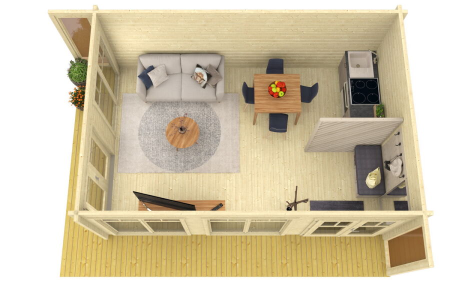 Gartenhaus SARAH; 660x480 cm ISO (A); 44 mm Doppelnut; inkl. Boden und Terrasse