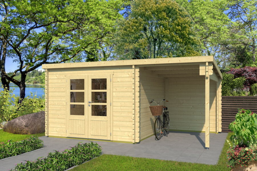 Gartenhaus BROOKLYN PLUS ISO 312x501 cm (A); 44 mm Doppelnut; ohne Boden, NEUE TÜROPTIK