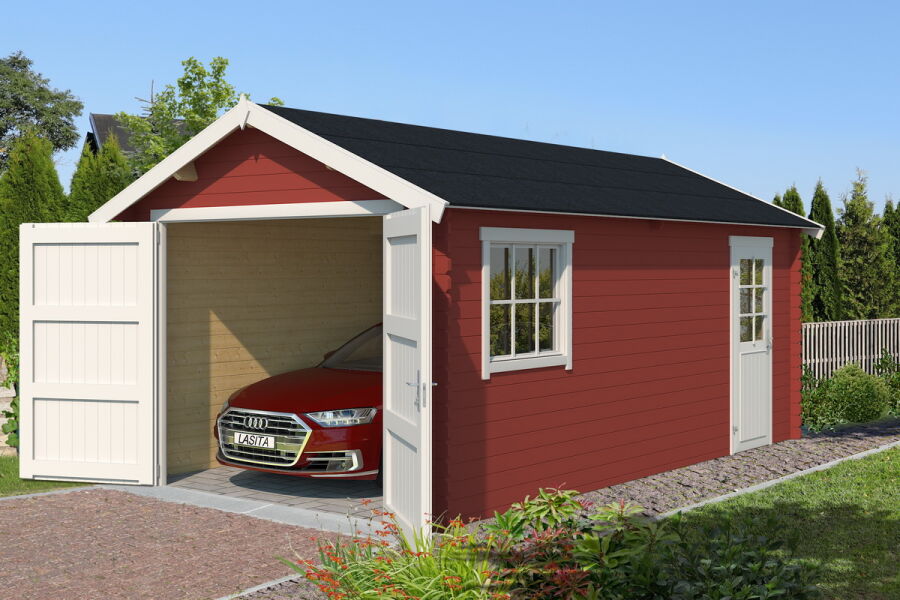 Garage DILLON 540; 300x540 cm Sockelmass; 34mm Doppelnut, SCHWEDENROT lackiert