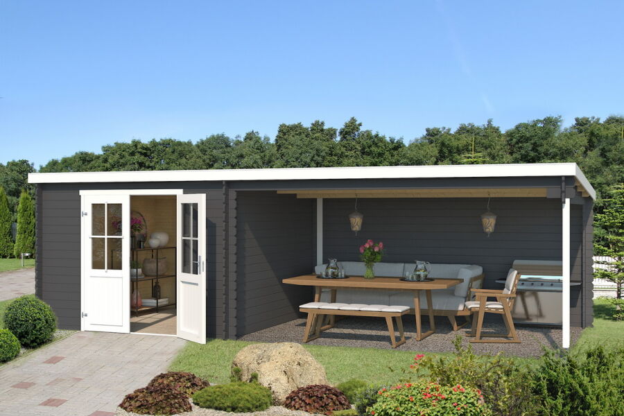 Gartenhaus ST. LOUIS 292x701 cm + 400 cm Schleppdach, 28 mm, natur / farbig