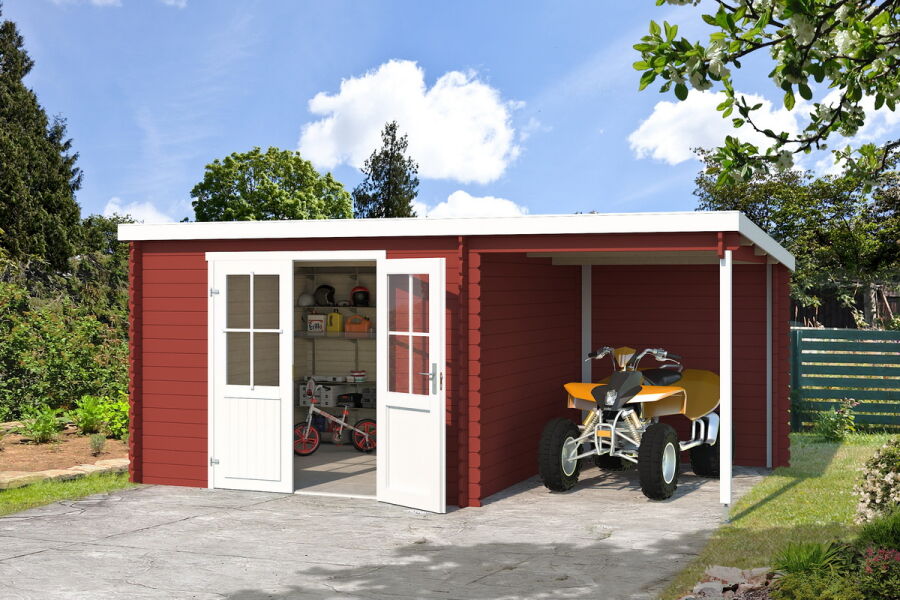 Gartenhaus TAMPA; 292x501 cm; 28mm; 200 cm Schleppdach, ohne Boden, SCHWEDENROT lackiert
