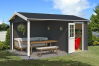 Gartenhaus WIBO 300 mit Überstand 427x300 cm; 28mm Blockbohle; inkl. Boden, CARBON GRAU lackiert