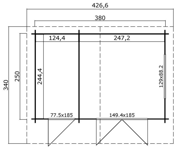 Gartenhaus KEILA 380×250 cm, 28 mm,  natur / farbig