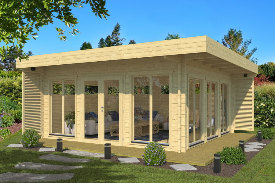 Gartenhaus MELANY 598 x 598 cm (A); 44 mm Doppelnut; ISO; inkl Boden und Terrasse