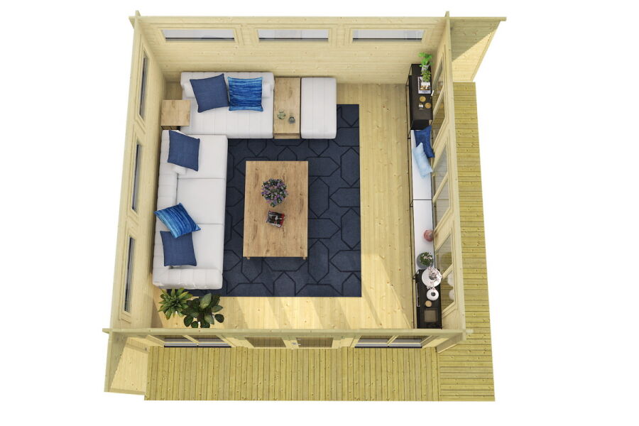 Gartenhaus MELANY 598 x 598 cm (A); 44 mm Doppelnut; ISO; inkl Boden und Terrasse