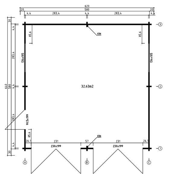 Topgarden Doppelgarage 600 x 600 cm (A); 44 mm Doppelnut, Satteldach, mit Holztor