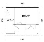 Gartenhaus BENNO 530x450 cm (P); 40 mm Doppelnut; ISO-Glas; 2-Raum-Haus; ohne Boden