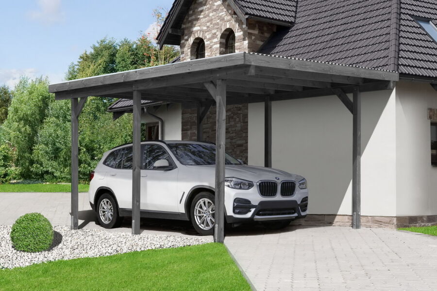 Einzelcarport, grau imprägniert, 300x500cm inkl. PVC-Dachplatten