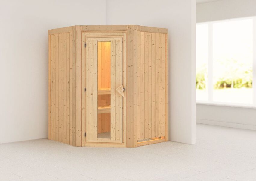 Sauna LARIN (Eckeinstieg) / Holztür / kein Dachkranz / ohne Ofen