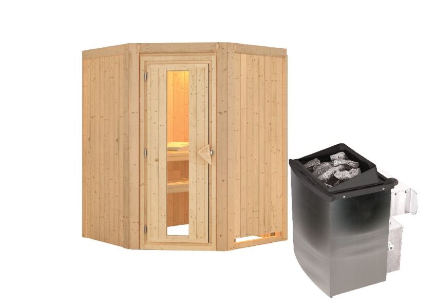 Sauna LARIN (Eckeinstieg) / Holztür / kein Dachkranz / Ofen 4,5 kW integr. Strg