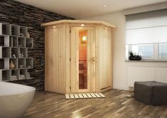 Sauna LARIN (Eckeinstieg) / Holztür / inkl. Dachkranz / Ofen 4,5 kW integr. Strg