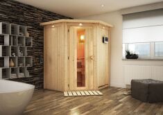 Sauna LARIN (Eckeinstieg) / Holztür / inkl. Dachkranz / Ofen 4,5 kW Bio externe Strg easy