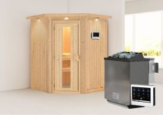 Sauna LARIN (Eckeinstieg) / Holztür / inkl. Dachkranz / Ofen 4,5 kW Bio externe Strg easy