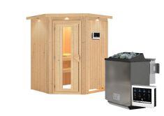Sauna LARIN (Eckeinstieg) / Holztür / inkl. Dachkranz / Ofen 4,5 kW Bio externe Strg easy