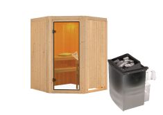 Sauna LARIN (Eckeinstieg) / bronzierte Tür / kein Dachkranz / Ofen 4,5 kW integr. Strg