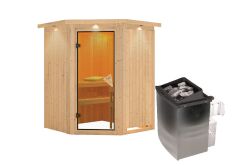Sauna LARIN (Eckeinstieg) / bronzierte Tür / inkl. Dachkranz / Ofen 4,5 kW integr. Strg