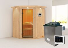 Sauna LARIN (Eckeinstieg) / bronzierte Tür / inkl. Dachkranz / Ofen 4,5 KW externe Strg easy