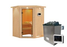 Sauna LARIN (Eckeinstieg) / bronzierte Tür / inkl. Dachkranz / Ofen 4,5 KW externe Strg easy