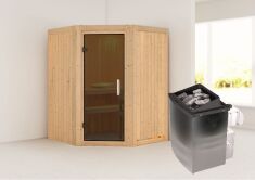 Sauna LARIN (Eckeinstieg) / graphit Tür / kein Dachkranz / Ofen 4,5 kW integr. Strg