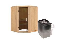 Sauna LARIN (Eckeinstieg) / graphit Tür / kein Dachkranz / Ofen 4,5 kW integr. Strg